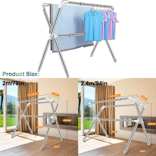 Miniatura 8 de Estante de secado plegable para interiores y exteriores, estante de secado de ropa resistente, estante retráctil de acero inoxidable, estante