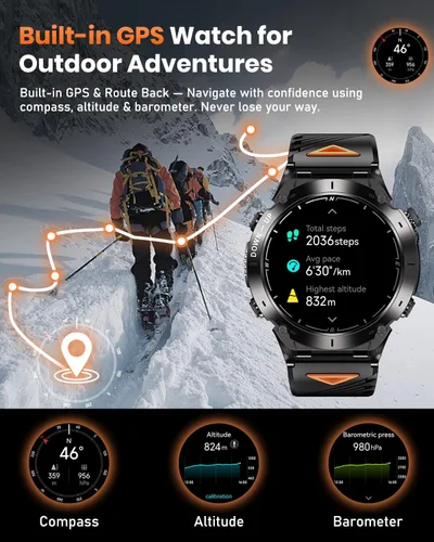 Miniatura 3 de Reloj inteligente militar con GPS para hombre con llamada Bluetooth, AMOLED de 1.43 pulgadas, batería de 730 mAh/linterna, 3 ATM impermeable, más