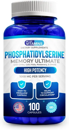 We Like Vitamins Suplemento de fosfatidilserina con Gingko Biloba, Gotu Kola, DMAE – Mejora la concentración, la memoria, la función cognitiva –