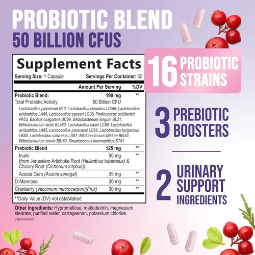 Miniatura 2 de Probióticos para mujeres – Mezcla de probióticos de 50 mil millones de UFC por cápsula – 16 cepas de salud femenina Probiótico para mujer