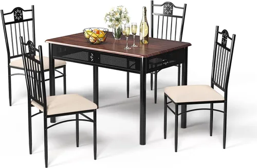 Tangkula Juego de mesa de comedor de 5 piezas, mesa de comedor y sillas acolchadas con parte superior de madera vintage, muebles de comedor y cocina