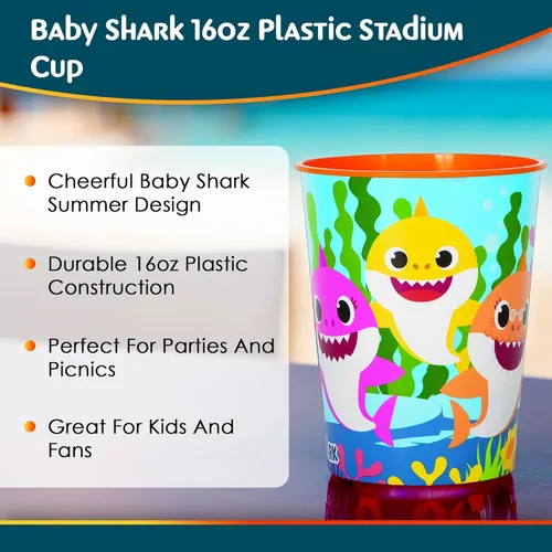 Miniatura 5 de Baby Shark - Vaso de plástico duradero para estadio, 16 onzas (1 unidad), accesorio colorido y ecológico, perfecto para cumpleaños y eventos de niños
