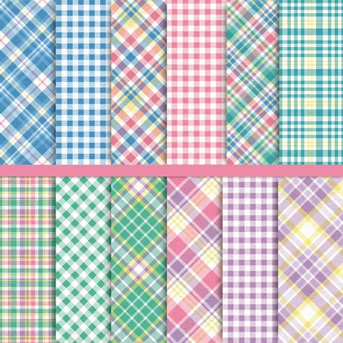 Whaline 24 hojas de papel de primavera pastel con patrón a cuadros, 12 diseños, álbumes de recortes, papel especial para Pascua, papel decorativo de