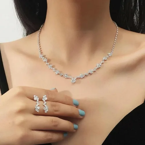 Miniatura 7 de Tatibana Crystal Wedding Jewelry Set, Silver Necklace Earrings Bracelet Crystal Bridal Wedding Jewelry Sets for Brides Bridesmaid Prom Costume