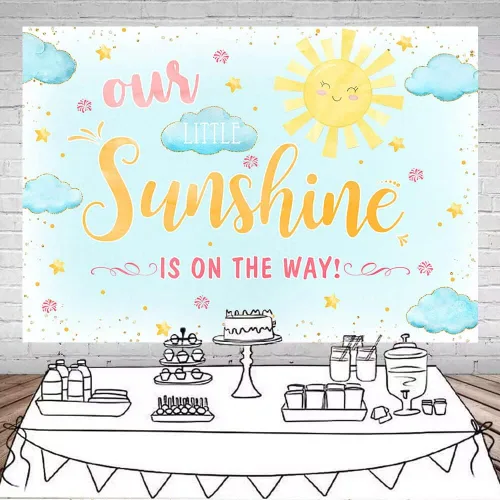 Miniatura 2 de Mocsicka Telón de fondo para baby shower, sol y nube, fondo de baby shower, con texto en inglés "Our Little Sunshine", decoración para sesión
