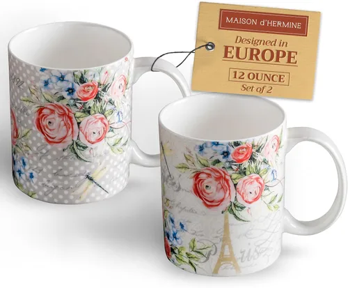 Miniatura 79 de Maison d' Hermine Taza de café con asas, tazas de porcelana fina de hueso, paquete de dos tazas de té para bebidas calientes, capuchino, latte, 015