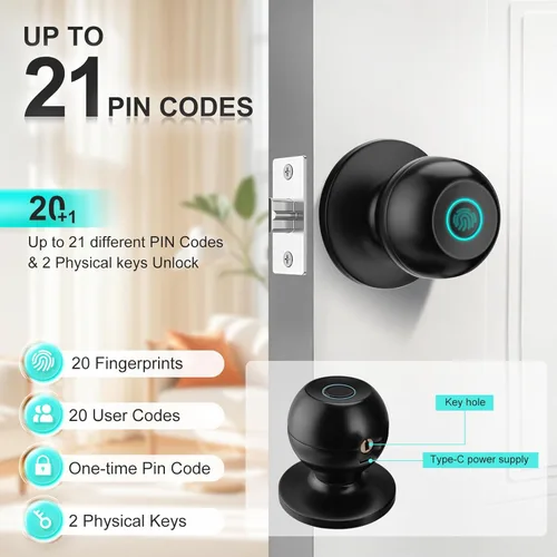 Miniatura 4 de JO.KO Pomo de puerta con cerradura y llave, cerradura de bola redonda mate negra para puerta interior/exterior para dormitorio o baño/manija