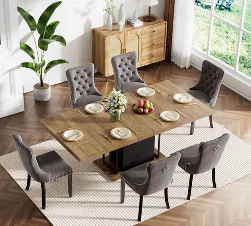 Miniatura 66 de Juego de mesa de comedor extensible marrón de 63 a 78.74 pulgadas para 4, juego de mesa de comedor de 5 piezas con 4 sillas, mesa de cocina