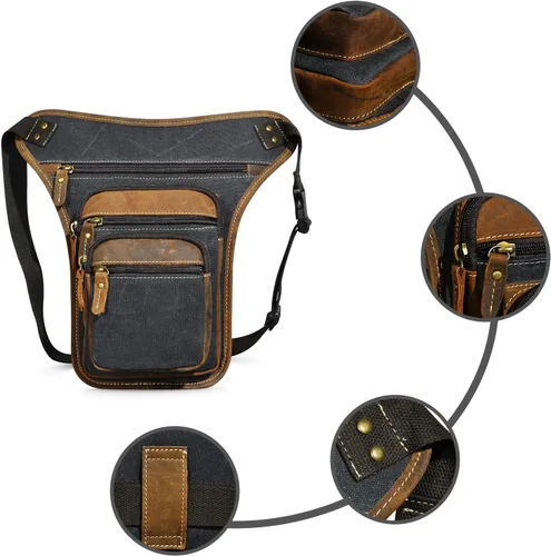 Miniatura 3 de Handadsume Riñonera de lona resistente al agua + cuero para motocicleta, riñonera, bolsa de pierna para muslo, para hombres y mujeres, FB913-5