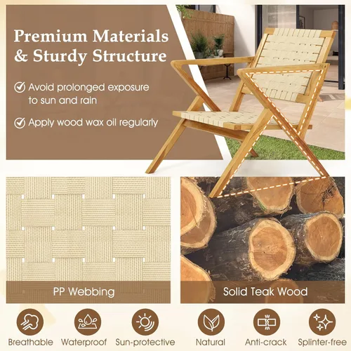 Miniatura 8 de Tangkula Silla de comedor de madera de teca para exteriores, sillón rústico de madera para patio con asiento y respaldo de cincha, para sala