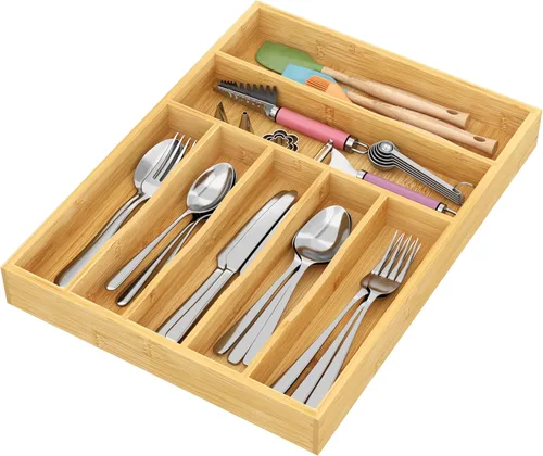 BAMEOS Organizadores de cajones de bambú para cubiertos, organizador de cajones de utensilios de 11.9 pulgadas para cajones de cocina, organizador