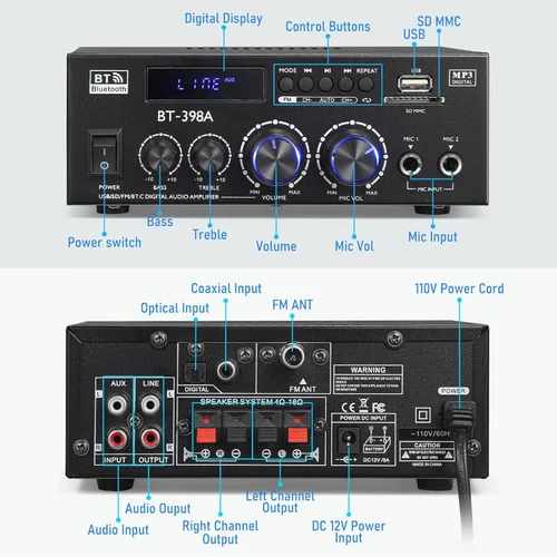 Miniatura 2 de Facmogu BT-398A Amplificador de audio digital estéreo, sistema amplificador de potencia de sonido HiFi Max 450Wx2, amplificador receptor de 2.0