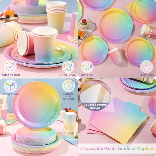 Miniatura 5 de Decoraciones de cumpleaños arcoíris para niñas, platos y servilletas arcoíris pastel, 200 unidades, platos y servilletas de cumpleaños para niñas