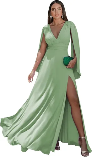 Miniatura 32 de Women's Long Sleeve Bridesmaid Dresses V-Neck Chiffon Ruched Formal Dress Evening Gown with Slit