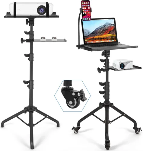 Tossbiss Trípode para laptop con ruedas con 2 estantes, soporte de suelo para proyector portátil, altura ajustable de 25.9 a 51.8 pulgadas con