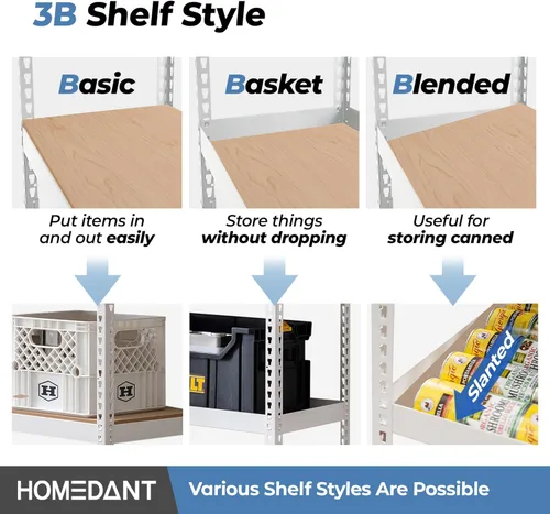 Miniatura 5 de HOMEDANT - Estantería de metal blanco laminado de 5 niveles sin tornillos, estante ajustable para garaje, estante de almacenamiento, estantes