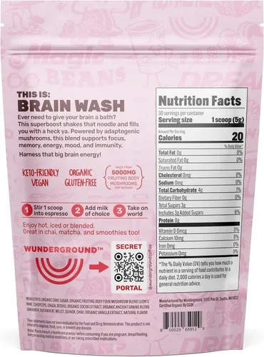 Miniatura 2 de Wunderground Brain Wash - Polvo orgánico superboost de hongos para café, té y agua, Cordyceps, melena de león, chaga y hongos adaptogénicos Reishi