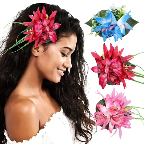 Miniatura 18 de HAIMEIKANG - Pinza para el pelo, 3 piezas de horquillas de flores hawaianas - Accesorios de cabello con flores tropicales artificiales para mujeres