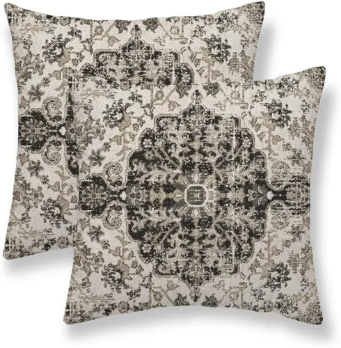 Juego de 2 fundas de almohada bohemias de 16 x 16 pulgadas, color negro y marrón, fundas de almohada con patrón de alfombra étnica rústica, fundas