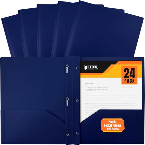 Better Office Products Carpetas azul marino con 3 puntas de metal, carpetas de plástico azul con bolsillos y puntas, carpetas de polietileno pesadas
