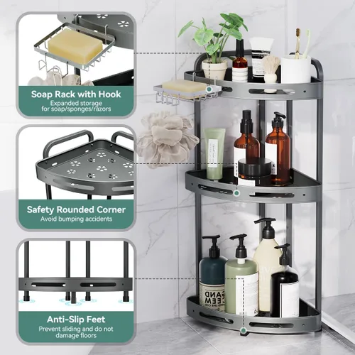 Miniatura 4 de Organizador de ducha esquinero de pie, organizador de ducha a prueba de óxido de 3 niveles con soporte para jabón, soporte de ducha de aluminio