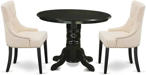 East West Furniture SHFR3-BLK-02 Juego de mesa de comedor moderno de 3 piezas contiene una mesa de cocina redonda con pedestal y 2 sillas de comedor