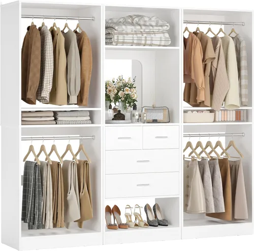 Miniatura 9 de Unikito Sistema de Armario Walk-in de 75 Pulgadas con 4 Cajones, Organizador de Armario de 6.3 Pies con Barras Colgantes y Diseño de Espejo, Armario