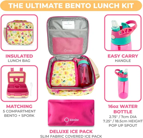 Miniatura 2 de Lonchera Bento con bolsa aislada, juego de botella de agua para niños pequeños, 5 secciones de porciones, bandeja extraíble sin BPA, almuerzos
