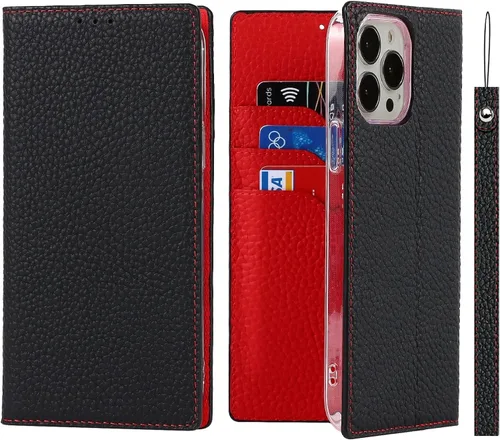 Miniatura 12 de iCoverCase Compatible con iPhone 13 Pro Max, funda magnética de piel auténtica con bloqueo RFID, correa para la muñeca y ranuras para tarjetas, Rojo
