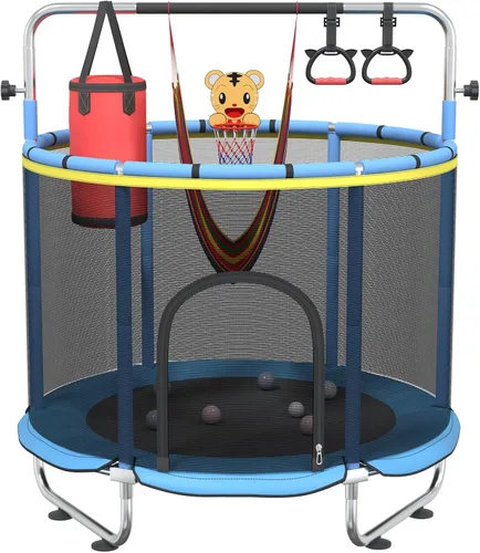 Trampolín infantil de 60 pulgadas para niños de 2 a 4 años, mini trampolín de 5 pies para interiores con pelota de baloncesto, barra de gimnasia