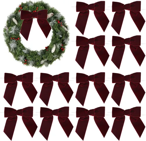 AIMUDI Lazos de Terciopelo Burdeos de 4.5" Lazos de Navidad para Árbol Lazos Prefabricados para Coronas Lazos con Alambre Retorcido para Envolver
