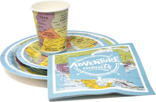 Miniatura 2 de Gift Boutique Juego de 96 piezas de suministros de fiesta Adventure Awaits - Juego de servilletas de papel para mapa del mundo, viaje a bordo
