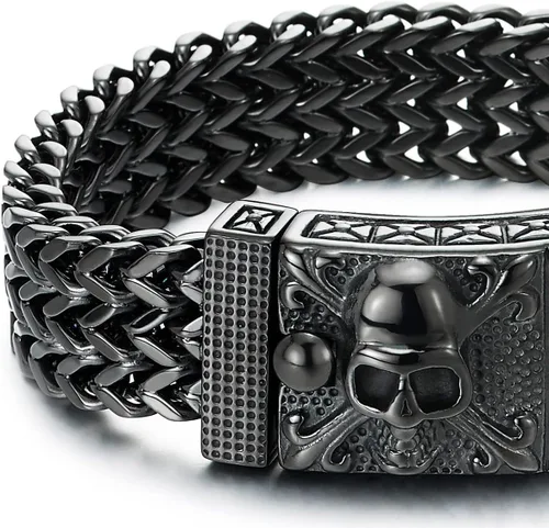 Miniatura 4 de COOLSTEELANDBEYOND Mens Large Stainless Steel Franco Link Curb Chain Bracelet with Pirate Skulls Clasp