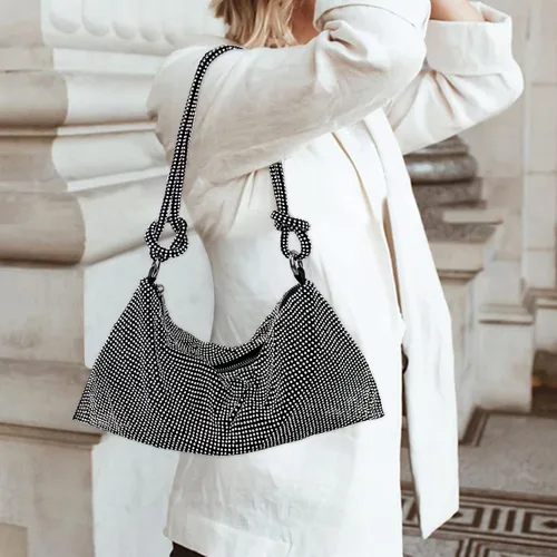 Miniatura 4 de Bolso Hobo plateado con diamantes de imitación, bolso de noche negro brillante para mujer, fiesta de graduación, boda