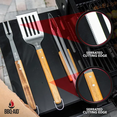 Miniatura 2 de Juego de 3 accesorios para barbacoa – Pinzas para barbacoa – Juego de espátula y tenedor – Herramientas resistentes de acero inoxidable