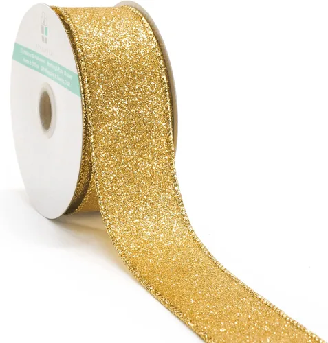 Miniatura 34 de Cinta de alambre con purpurina de 1,5" x 10 yardas dorada (oro champán) para decoración navideña del hogar, arcos, envoltorios de regalos