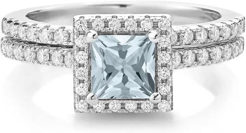 Miniatura 19 de 925 Sterling Silver Halo Bridal Ring Band Set for Women 5MM Princess Cut Gemstone Birthstone with Round White Moissanite Accents Wedding
