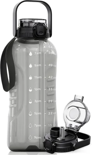 Miniatura 18 de AQUAFIT Botella de agua de 128 onzas con marcador de tiempo, popote 2 en 1 y tapa para beber, botella de agua grande para gimnasio sin BPA