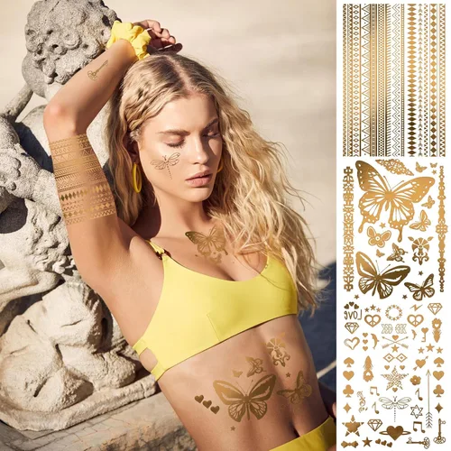 Miniatura 3 de DPKOW 9 hojas de tatuajes temporales dorados metálicos de luna, estrella, mariposa, brillantina, tatuajes, destellos, falsos, impermeables