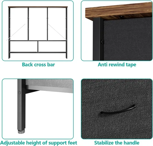 Miniatura 4 de VASICAR Cómoda de tela de 43.3 pulgadas de ancho para dormitorio, cómoda con 11 cajones profundos, soporte de TV con múltiples cajones, organizador