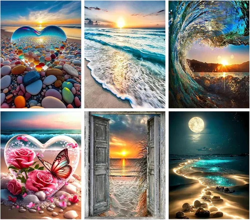 KINPLUB Paquete de 6 Kits de Pintura de Diamantes para Adultos, Kits de Arte de Diamantes de Playa 5D para Principiantes, Pintura DIY de Taladro