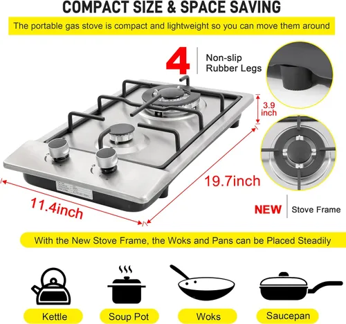 Miniatura 6 de Cocina de gas de 12 pulgadas, estufa de gas integrada de 2 quemadores de acero inoxidable con kit de conversión de NG/LPG, protección de termopar