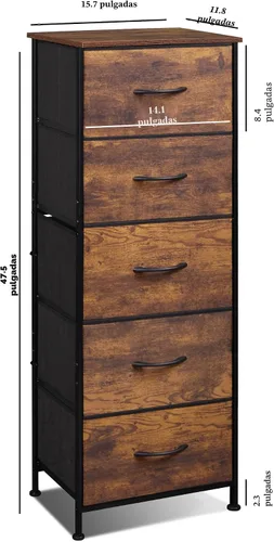 Miniatura 3 de WLIVE Cómoda de tela para dormitorio, cómoda alta de 5 cajones, organizador de almacenamiento con cubos de tela, parte superior de madera, marco