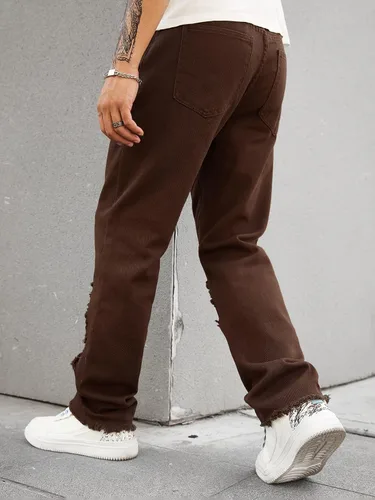 Miniatura 2 de WDIRARA Pantalones de mezclilla largos rasgados de cintura alta para hombre con bolsillo
