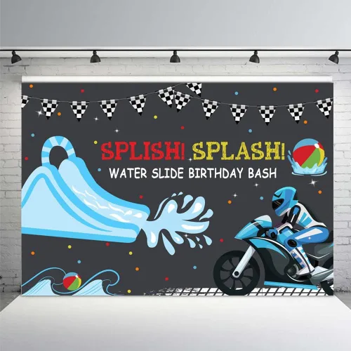 Miniatura 2 de MEHOFOND 7 x 5 pies para niños, tobogán acuático, telón de fondo para fiesta de cumpleaños, fiesta de piscina, motocross, bday, verano, natación