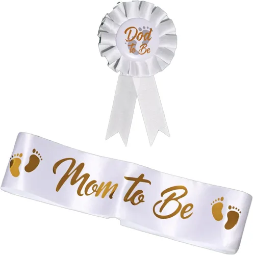 Paquete de 2 decoraciones para baby shower, banda de mamá y papá para ser insignias de hojalata con bonito patrón de pies dorados para fiesta de