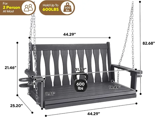 Miniatura 2 de HIPS - Columpio colgante de porche para todo tipo de clima, banco colgante de 2 asientos con soportes para tazas, silla de columpio de patio
