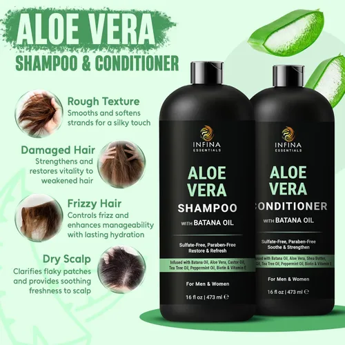 Miniatura 2 de INFINA ESSENTIALS Juego de champú y acondicionador de aloe vera 16 onzas líquidas cada uno con aceite de batana Fórmula hidratante, calmante