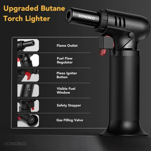 Miniatura 8 de Sondiko S907 Soplete de butano con indicador de combustible, encendedor recargable con llama ajustable para soldadura, arte de resina y uso