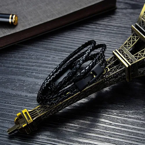 Miniatura 5 de GEAPRIE Pulsera de cuero personalizada con texto personalizado Pulsera de cuero PU para hombres de moda de tres capas, Cuero, Sin gemas.